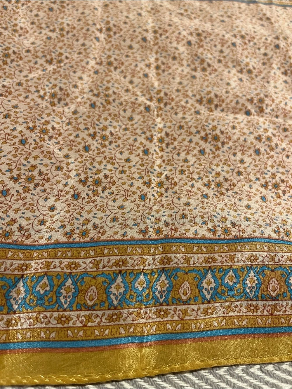 Royal Silk 100% Silk Printed Floral Scarf in Mustard and Teal. 13x56 inches. EUC